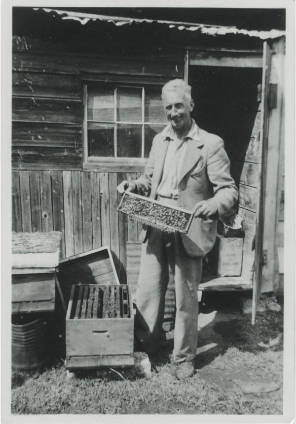 Len Robins outside shed holding beehive frame