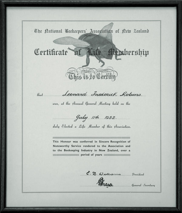 Certificate of Life Membership to National beekeepers association